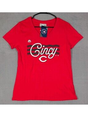 Majestic Womens Small Red Cincinnati Reds MLB Baseball V Neck Graphic Shirt NWT